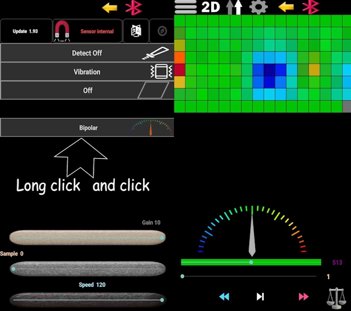 AnyScan209 sensor settings showing graph and gauge configuration for magnetic field detection