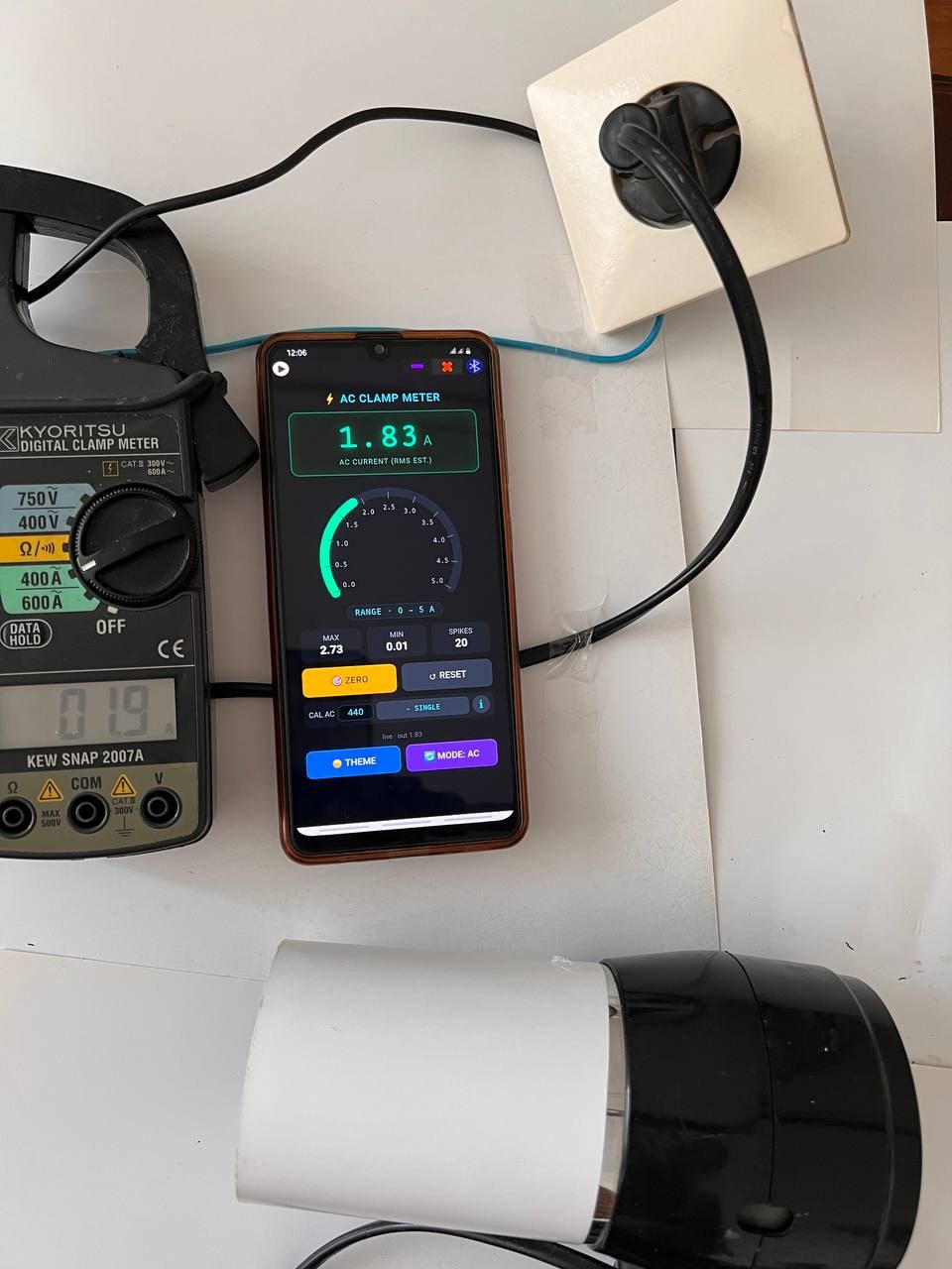 Single wire test, setting 1: Kyoritsu 1.9 A, phone 1.85 A