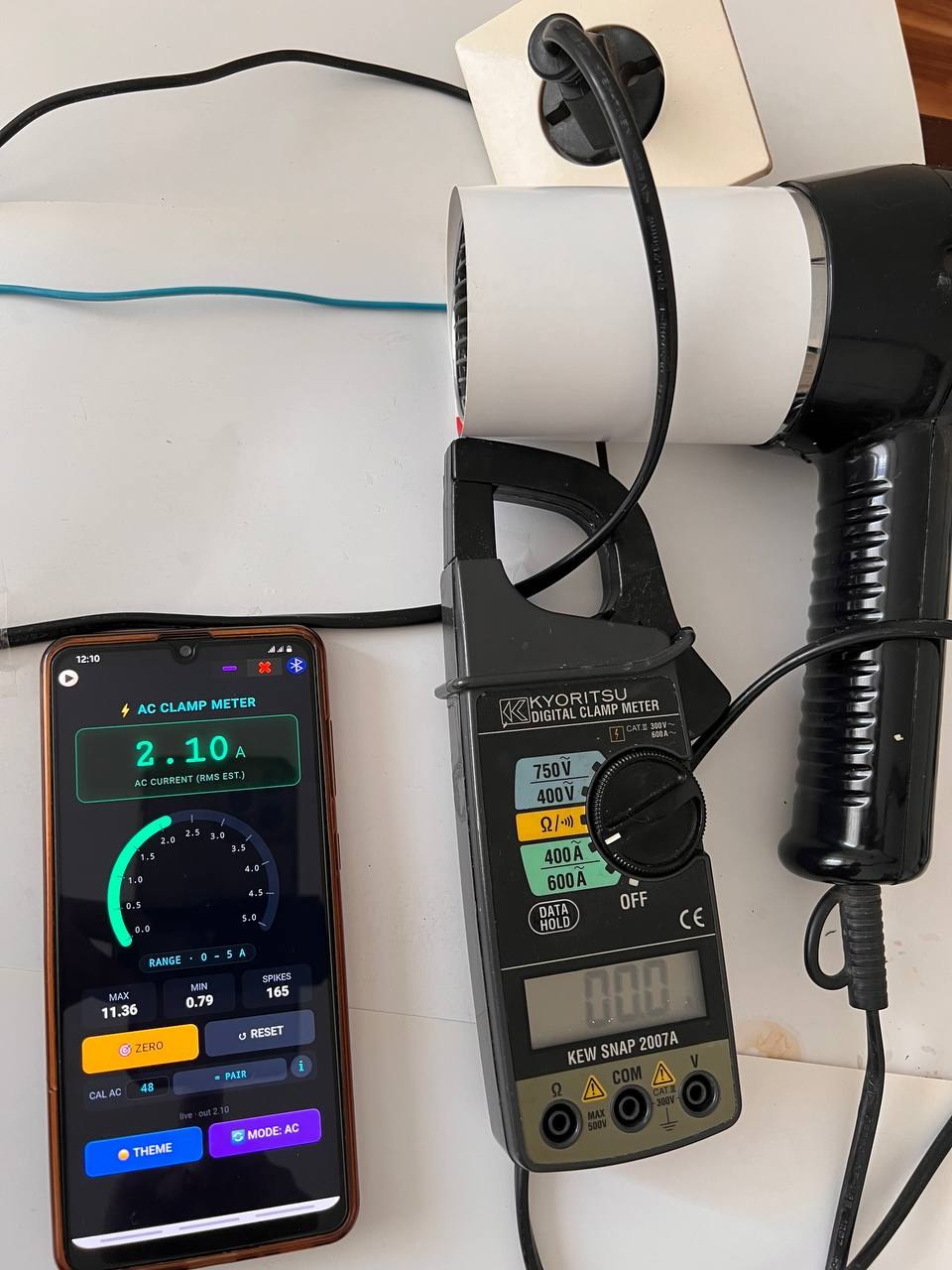 Pair wire test, setting 1: Kyoritsu 0 A, phone 2.11 A