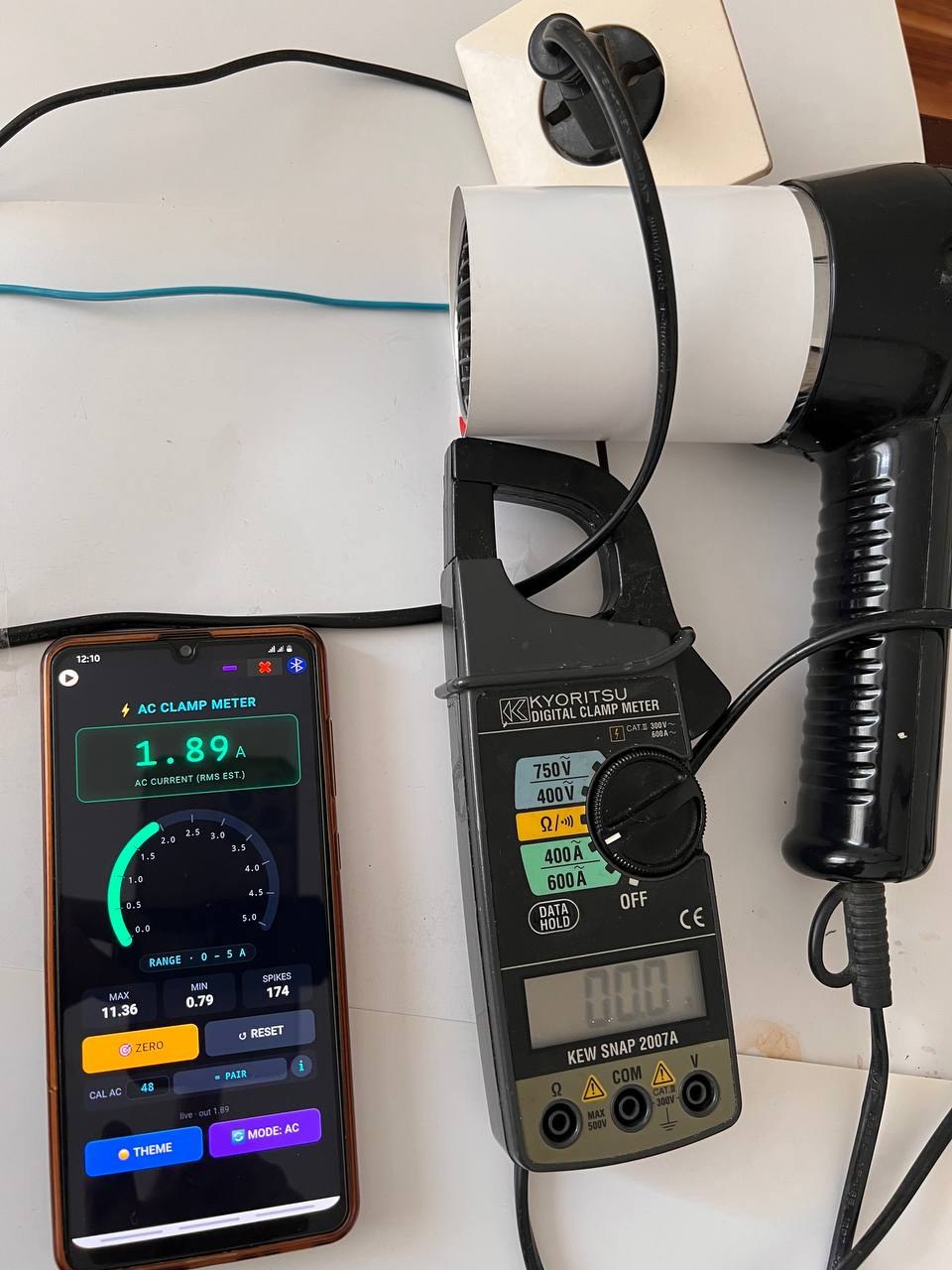Pair wire test, setting 2: Kyoritsu 0 A, phone 2.64 A