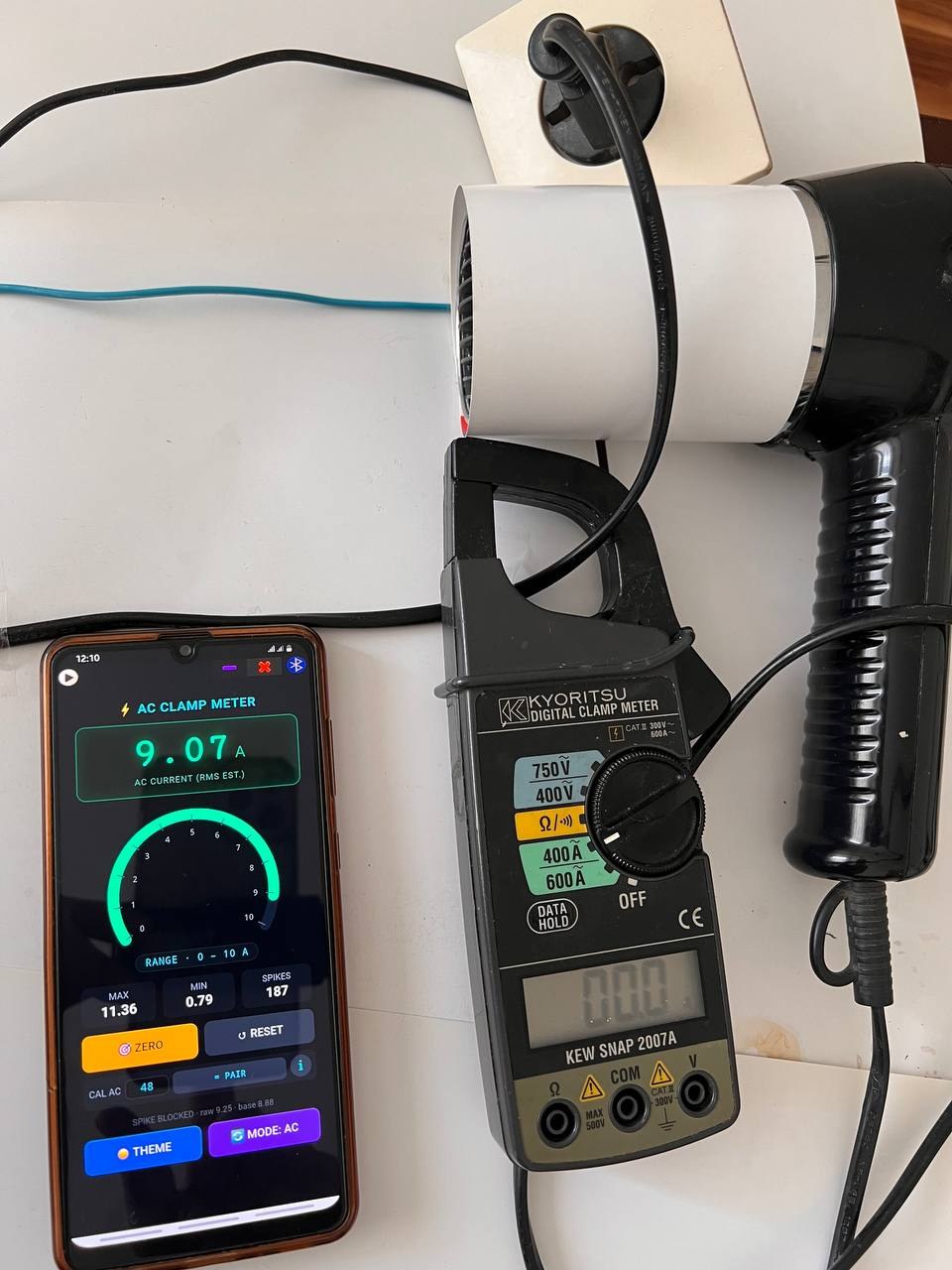 Pair wire test, setting 3: Kyoritsu 0 A, phone 8.88 A