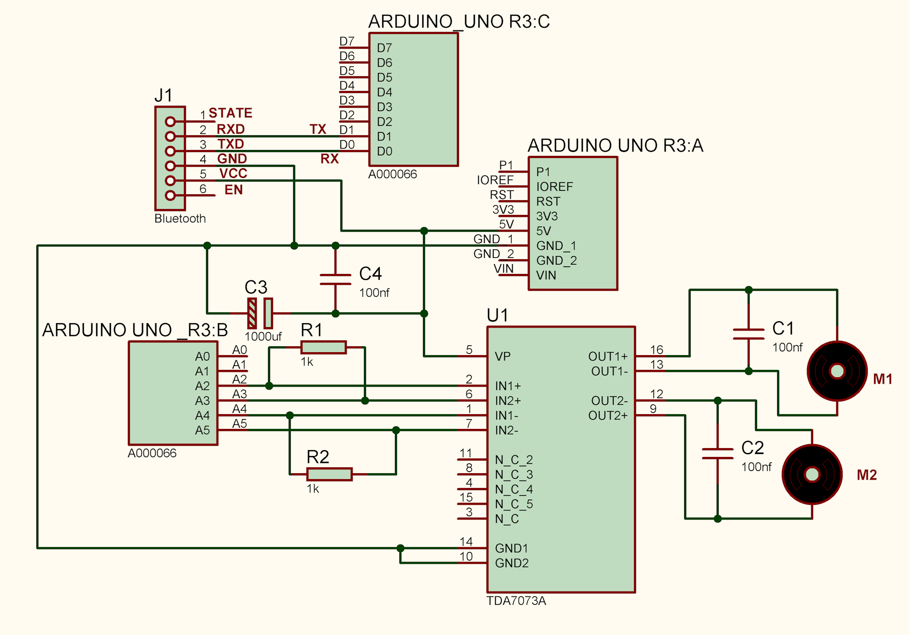 Arduino Uno R3 + Bluetooth + TDA7073A Schematic
