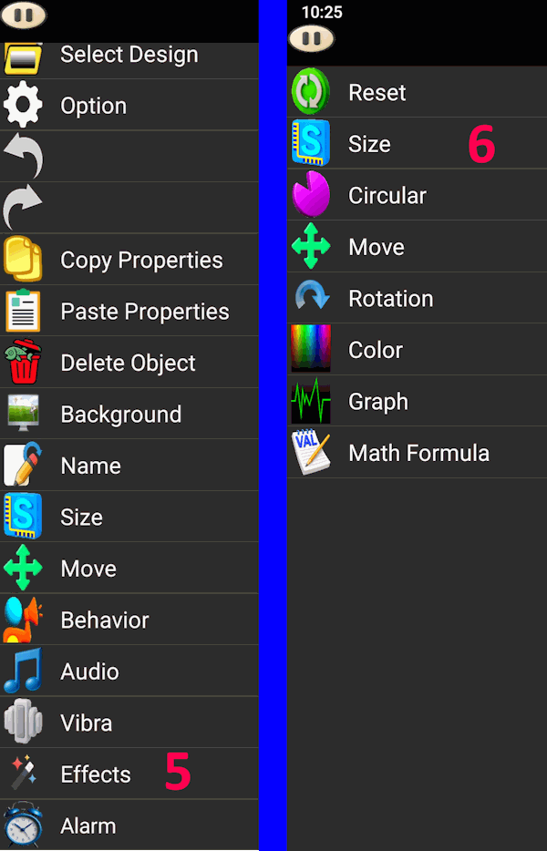 Effect options menu